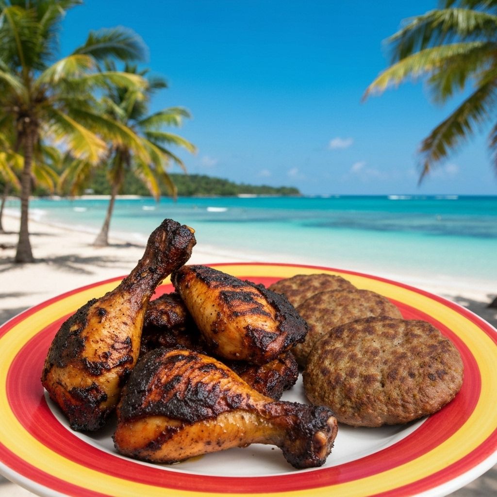 Authentic Jamaican jerk chicken and beef patties served on a plate - B's Reggae Bites Marathon FL