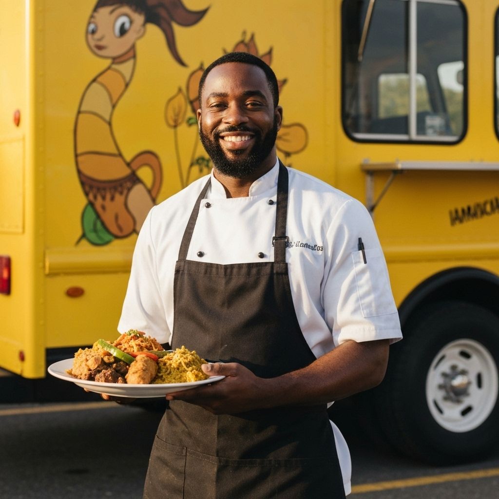 Smiling chef from B's Reggae Bites in white uniform holding authentic Jamaican food plate